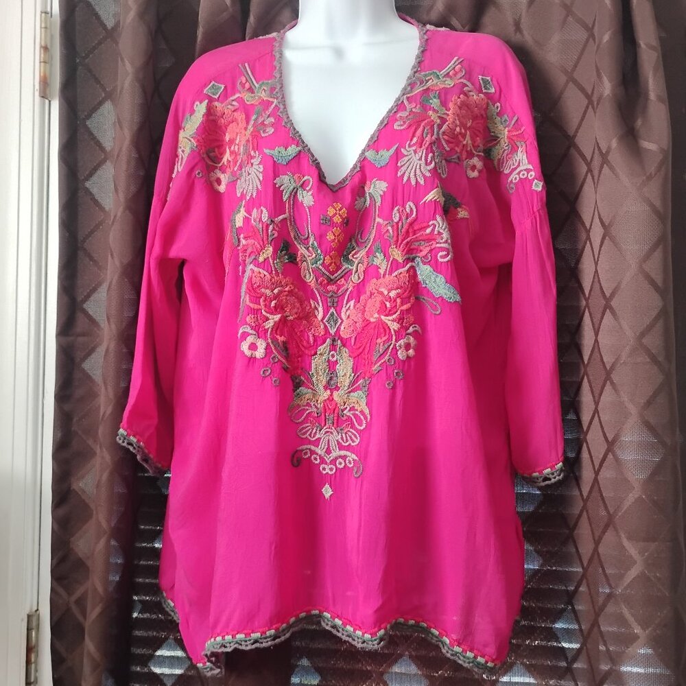 ❤️Amazing! JOHNNY WAS HOT PINK Embroidered Langenlook Blouse Top 52" Bust
